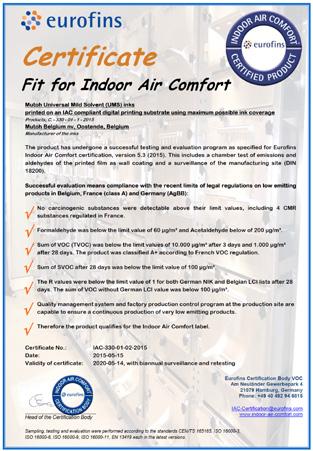 Wysokomarżowe wydruki do wewnątrz! y Mutoh UMS są w pełni ekologiczne, gdyż spełniają rygorystyczne europejskie normy i posiadają pisemny certyfikat Eurofins Indoor Air Comfort.