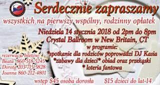 Serdecznie zapraszamy na pierwszy Oplatek Rodzinny naszej szkoly, który odbędzie sie w niedzielę, 14 stycznia 2018, w Crystal Ballroom.