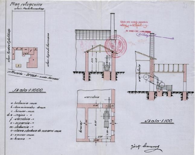 Ryc. 45. Projekt kotłowni parowej i plan sytuacyjny browaru w Sarnakach (APL, UWL w. kom.-bud. Sygn. 109). Młyny Tradycje młynarstwa na terenie Lubelszczyzny sięgają XII wieku.