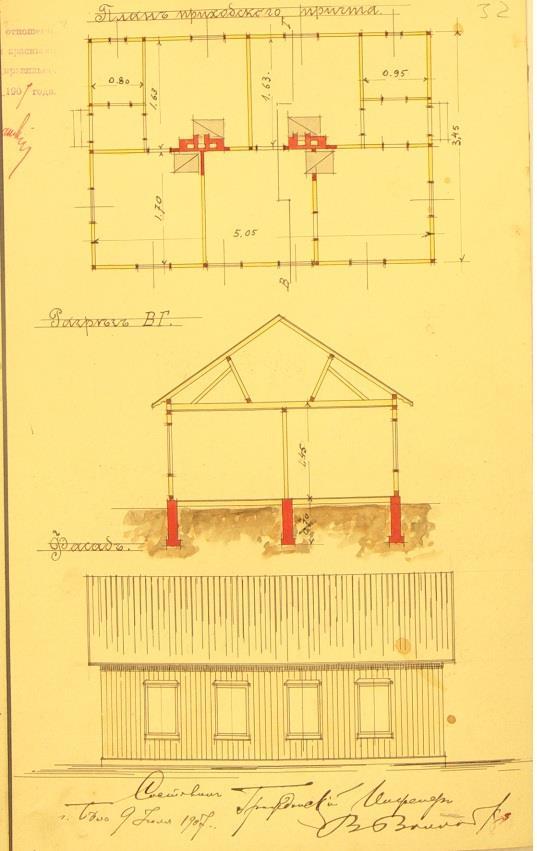 Ryc. 62. Projekt domu mieszkalnego dla dwóch rodzin pracowników folwarcznych w folwarku Ostrówki. (APL, RGS sygn. 295).