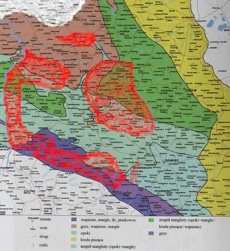 Ryc. 275. Obszary występowania budownictwa kamiennego na Lubelszczyźnie na tle wychodni skał węglanowych. Opr. autor. 349 Z racji na obszar naturalnego występowania kamienia wapiennego, tzw.