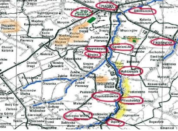 Ryc. 12. Mapa rozmieszczenia folwarków zlokalizowanych nad rzeką Giełczwią. Opr. autor.