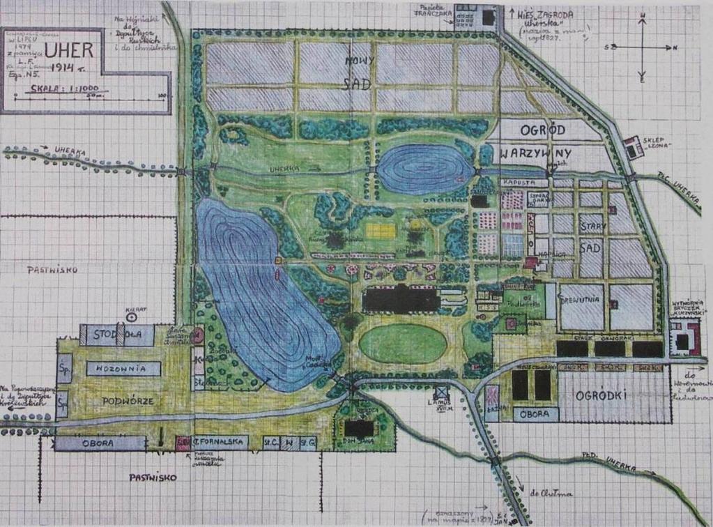 Rzeczywiste rozplanowanie założenia pałacowo folwarcznego pochodzące z 1914 roku, przedstawiono na Ryc. 14.