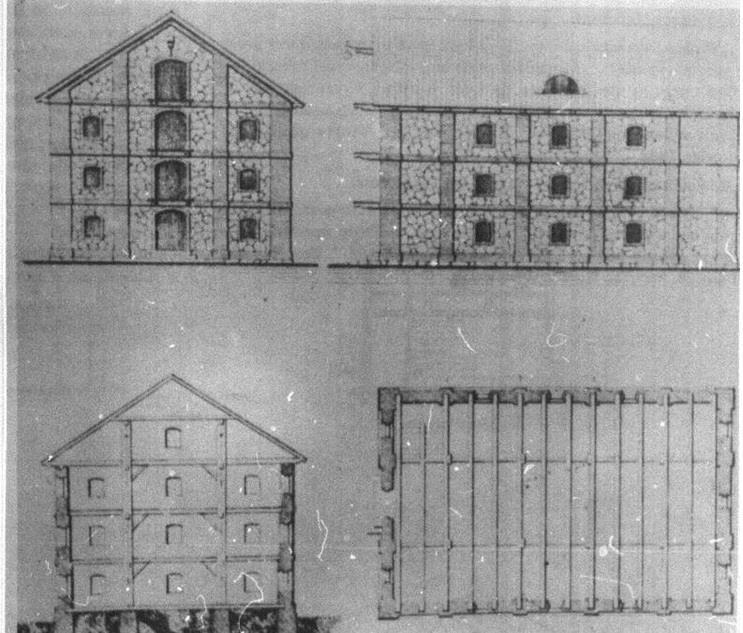 Ryc. 17. Projekt spichlerza w Janowie Podlaskim wykonany przez H. Marconiego w 1839 roku (Za J. Dumnicki, Spichlerze polskie, Warszawa, 1987r. rys. 200).