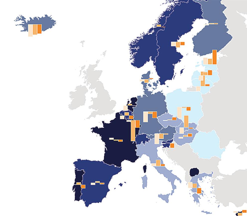 I. Dylematy modernizacji Mapa I.1. Udział usług niewymagających wiedzy w wartości dodanej usług ogółem (kolor powierzchni) i zmiana udziału wynagrodzeń w produkcie w sektorach (słupki).