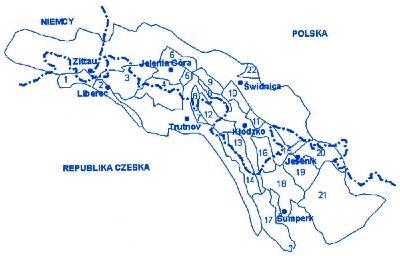 Pasma Górskie Podział wg Korony Sudetów Sudety Zachodnie (Západní Sudety) 1. Lužické hory (Zittauer Gebirge) 2. Ještědsko-kozákovský hřbet 3. Góry Izerskie (Jizerské hory) 4. Karkonosze (Krkonoše) 5.