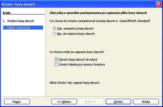 Kreator bazy danych Żeby mieć dostęp do konkretnej bazy danych (źródła danych) w czasie pracy z programem Writer lub Calc, baza danych musi być zarejestrowana w programie OpenOffice Ponieważ tabele