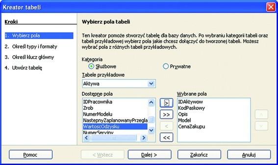 Tworzenie tabeli za pomocą kreatora wybór pól W oknie Zadania przyciśnij Użyj kreatora by utworzyć tabelę... Otwiera się okno kreatora tabeli.
