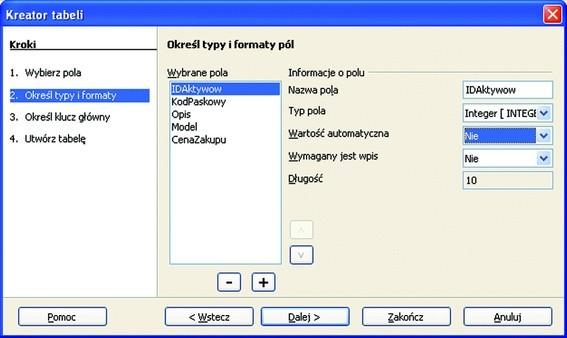 Tworzenie tabeli za pomocą kreatora typy i formaty pól 2. Określ typy i formaty Z lewej strony jest lista wybranych pól, które będą umieszczone w nowej tabeli.