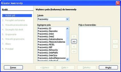 Tworzenie kwerendy za pomocą kreatora wybór pola W oknie Zadania przyciśnij Użyj kreatora aby utworzyć kwerendę... Otwiera się okno kreatora kwerendy.