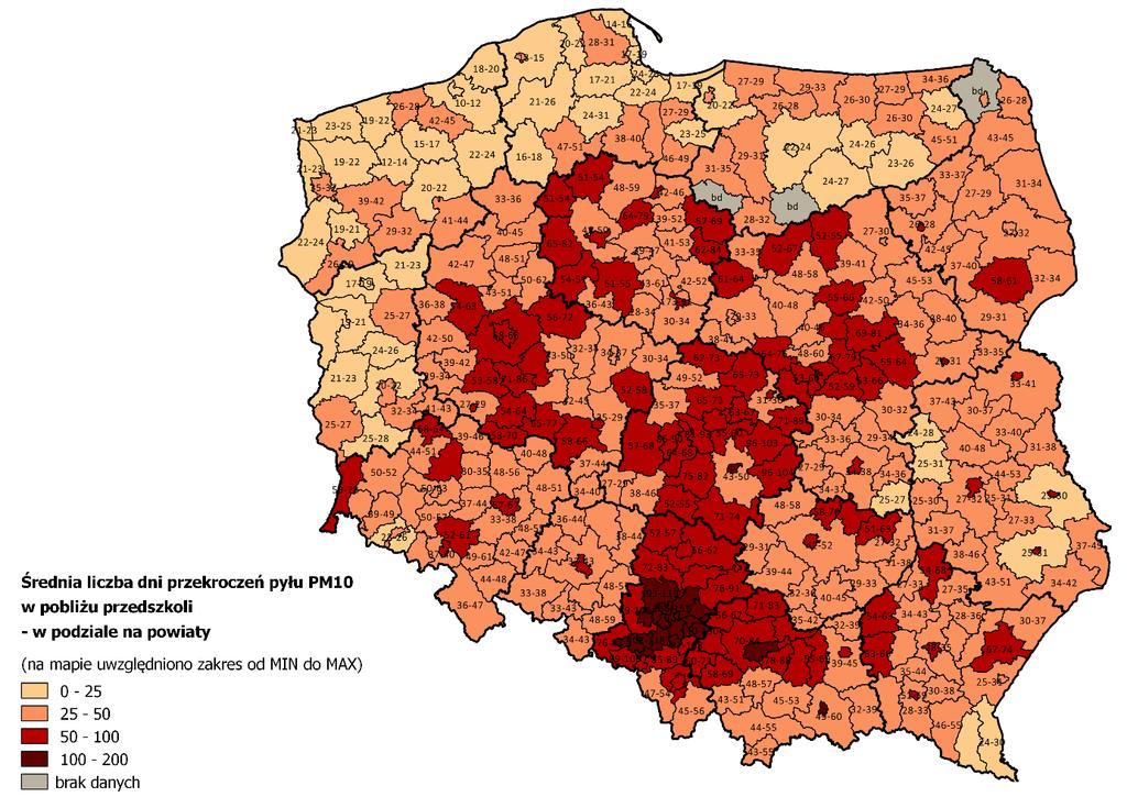 Polskie prawo dopuszcza, aby zgodnie z unijną dyrektywą CAFE w ciągu roku przez maksymalnie 35 dni występowały przekroczenia normy dobowej dla pyłu PM 10, która wynosi 50 µg/m 3 (mikrogramów na metr