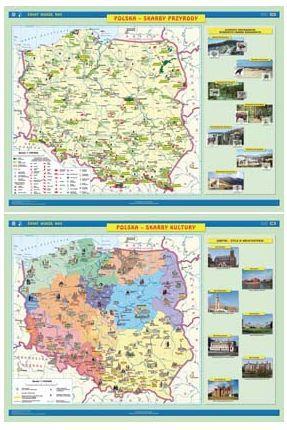 Pierwsza strona zawiera mapę Polski z rozmieszczeniem parków narodowych i krajobrazowych, rezerwatów biosfery UNESCO, skarbów przyrody nieożywionej oraz wybranych
