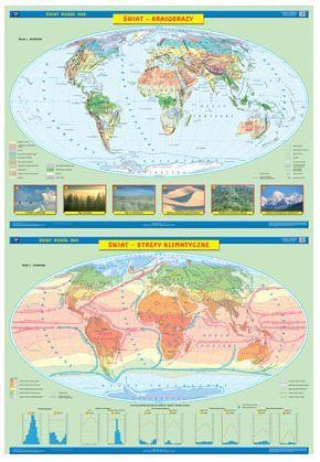 Pierwsza strona przedstawia mapę ukształtowania powierzchni Świata i mapy zlewisk oceanów druga strona zawiera mapę podziału politycznego Świata i flagi państw