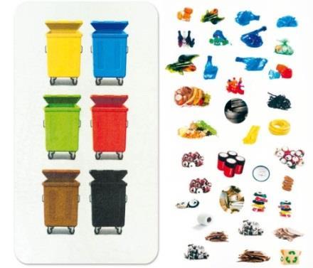 materiałów, z jakiego zostały wyprodukowane. Dzięki makatce przedstawiającej różne kolory pojemników na odpady, można nauczyć dzieci prawidłowego nawyku selekcji śmieci.