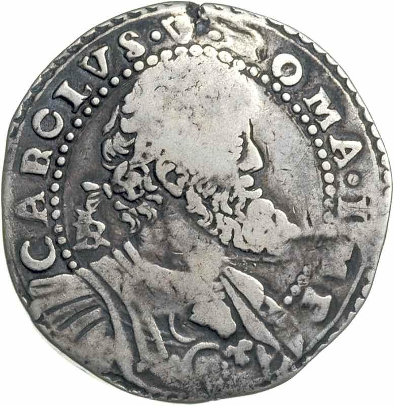 *19. Zygmunt II August, złoty polski (30 groszy) kontrasygnowany w 1564 r. na patace (półtalarze) neapolitańskiej cesarza Karola V z lat 1552-1554.
