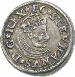 *24. Stefan Batory, trojak 1580, Olkusz, Aw: mała głowa króla w prawo i napis wokoło STEPHANVS D G