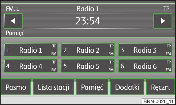 Tryb RADIO Menu główne RADIO Wybrać przycisk RADIO - menu główne RADIO Przycisk funkcyjny Pasmo FM - pasmo częstotliwości FM AM - pasmo częstotliwości AM DAB - cyfrowy zakres DAB Rys.