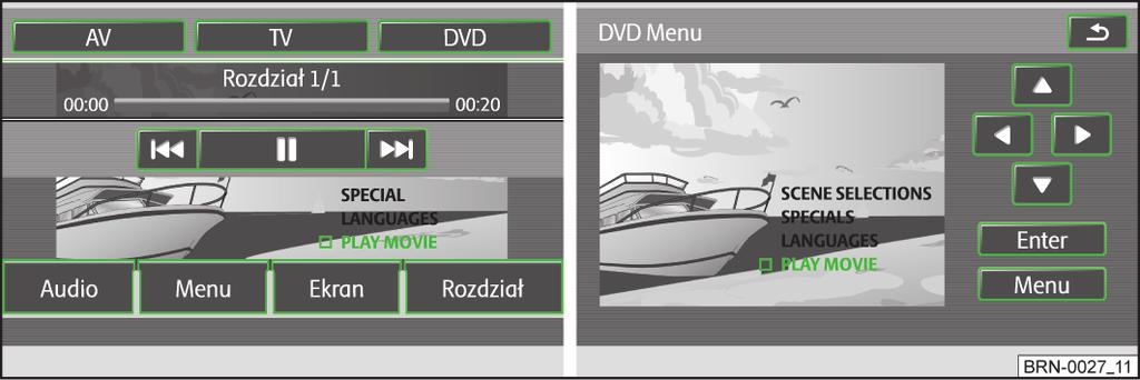 Tryb wideo Wkładanie i rozpoczęcie odtwarzania płyty DVD wideo krótkie dotknięcie powoduje przejście do początku aktualnego rozdziału, ponowne dotknięcie powoduje przejście do poprzedniego rozdziału