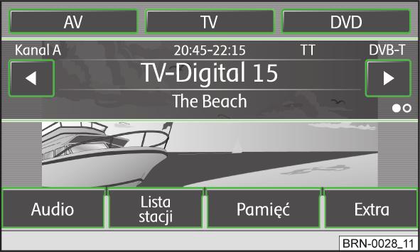 Tryb TV Menu główne TV Rys. 8 Menu TV Obraz telewizyjny pojawia się tylko w czasie postoju. W czasie jazdy ekran telewizyjny wyłącza się, słychać tylko dźwięk.