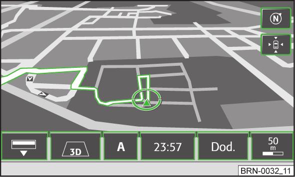 Przycisk funkcyjny Nawigacja Rys. 12 Widok 3D mapy w trakcie prowadzenia do celu W zależności od rodzaju prowadzenia do celu w pozycji A są wyświetlane różne przyciski funkcyjne.