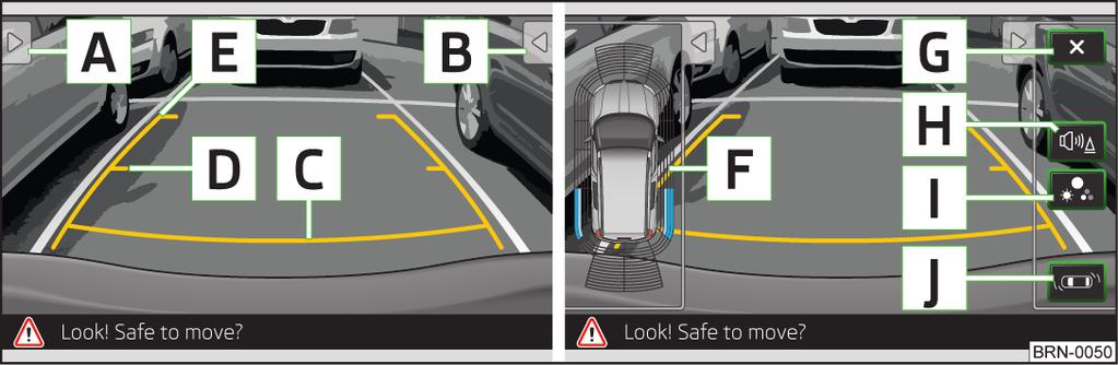Dodatkowe informacje dotyczące układu pomocy w parkowaniu -» instrukcja obsługi, rozdział systemy wspomagania kierowcy. Opis ekranu A B C D E F G Przeszkoda rozpoznana w obszarze kolizji.