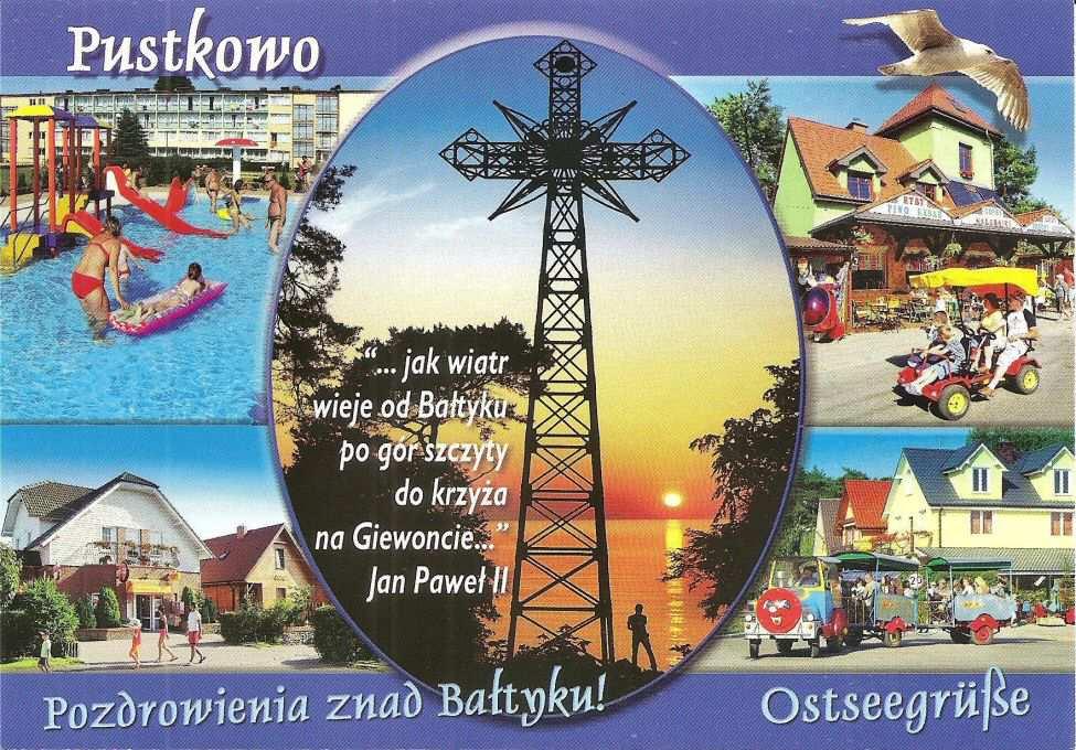 rewers widokówki Aax-19. Aax-20 Brak Aax-20r Brak widokówka wydawca Kamera Kołobrzeg. Pustkowo. jak wiatr wieje od Bałtyku po gór szczyty do krzyża na Giewoncie Jan Paweł II.