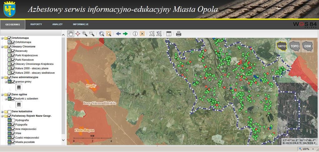 W azbestowym serwisie informacyjno-edukacyjnym Miasta Opola zbudowane zostały następujące zakładki: 1) Geoserwis. 2) Raporty. 3) Analizy. 4) Informacje.