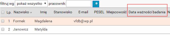 Dodatkowo obok listy wyboru filtrowania widoczne jest puste pole z możliwością wyszukiwania pracownika po nazwie wystarczy uzupełnić pole o wybrane dane pracownika, np. imię, nazwisko, pesel etc.