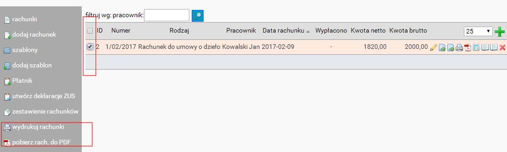 umowy na liście i następnie kliknąć wybraną ikonkę wydruku czy pobrania do PDF. Umowy w ten sposób można również masowo usunąć.