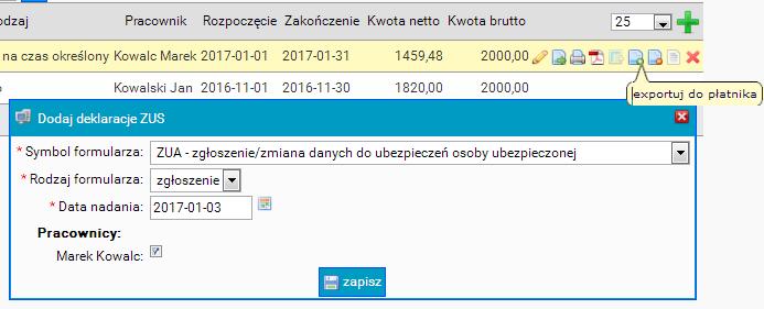 Opcję możemy wykonać jednocześnie dla kilku pracowników najpierw ich zaznaczając, a następnie wybierając utwórz deklarację ZUS z listy opcji po lewej stronie.