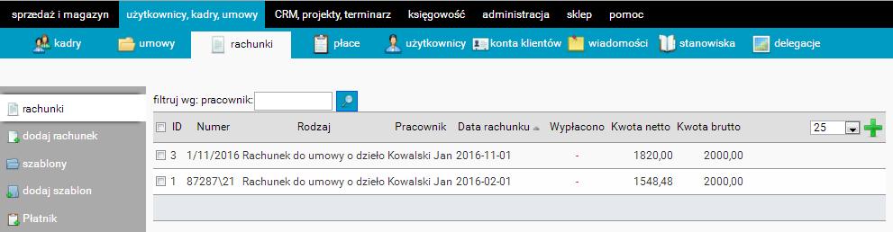 Rachunki Kolejną zakładką w programie są Rachunki. W zakładce tej można dodawać wszelkie rachunki do umów zlecenia lub umów o dzieło dla danych pracowników.