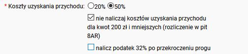 Warto jeszcze zwrócić tutaj uwagę na te same pola, które występowały w umowach należy odpowiednio je ustawić: nie naliczaj kosztów uzyskania przychodu dla kwot 200 zł i mniejszych (rozliczenie w