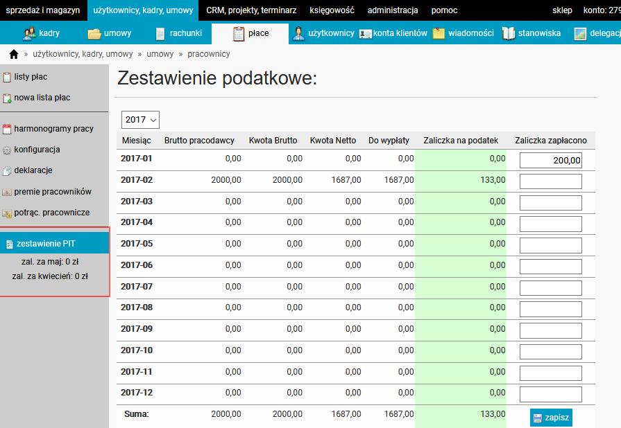 Zestawienie podatkowe Opcja ta jest dla użytkownika czysto informacyjna, nie wykonuje żadnej czynności jednakże ukazuje zestawienie PIT dla poszczególnych