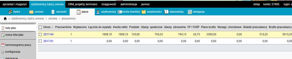 Lista płac Na liście płac widzimy wszystkie wystawione listy płac z podziałem na miesiące.