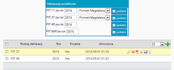 Deklaracje podatkowe Kolejną z opcji, jakie omówimy, to opcja deklaracje. Zakładka ta umożliwia wygenerowanie deklaracji podatkowych dla pracowników.