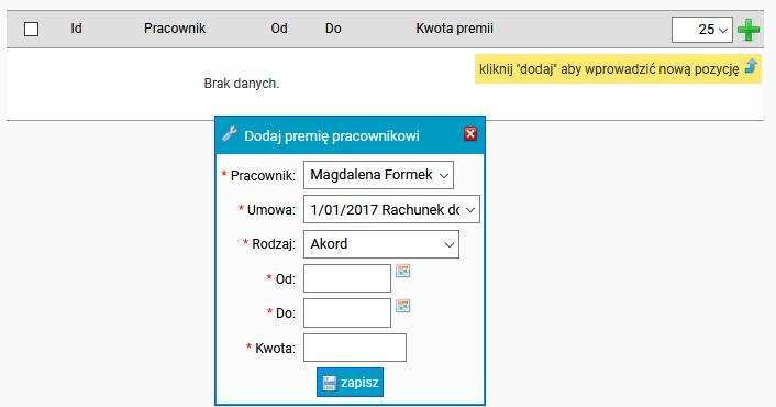 Następnie wybieramy pracownika, jego umowę, składnik, do którego premie mają być naliczane, kwota oraz okres,