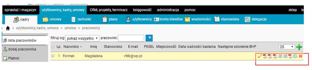 Lista pracowników Na liście pracowników widzimy wszystkich dodanych pracowników, mamy tutaj możliwość korzystania z dodatkowych opcji dotyczących danych pracowników po najechaniu myszką na danego