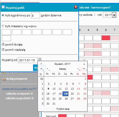 Harmonogram czasu pracy możemy wypełniać ręcznie lub automatycznie. Aby wypełniać go ręcznie, wystarczy, że wybierzemy dany dzień i wpiszemy w niego odpowiednie godziny pracy.