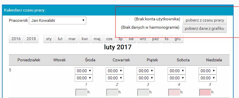 Pierwsza opcja, to zaimportowanie czasu pracy z zestawienia czasu pracy, który pracownik wprowadził w zakładce czas pracy - do tego służy opcja pobierz z czasu pracy.