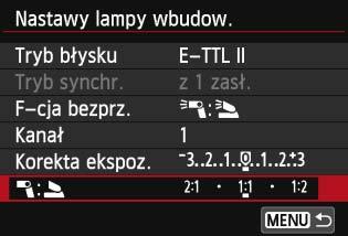 Istnieje możliwość zmiany proporcji błysku między zewnętrzną lampą błyskową Speedlite a wbudowaną lampą błyskową w celu dostosowania wyglądu cieni na obiekcie. 1 2 Wybierz w pozycji [F-cja bezprz.