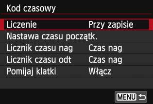 3 Ustawianie kodu czasowego Liczenie Kod czasowy jest to referencja czasowa rejestrowana automatycznie w celu synchronizacji obrazu i dźwięku podczas filmowania.