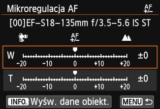 Przeprowadź ręczną regulację, wykonaj zdjęcie i sprawdź rezultat. W przypadku obiektywu zmiennoogniskowego przeprowadź regulacje dla najkrótszej (W) i najdłuższej ogniskowej (T).