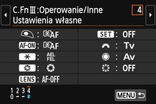 Wybierz pozycję [4: Ustawienia własne], a następnie naciśnij przycisk <0>. Zostanie wyświetlony ekran ustawień własnych. Wybierz przycisk lub pokrętło aparatu.