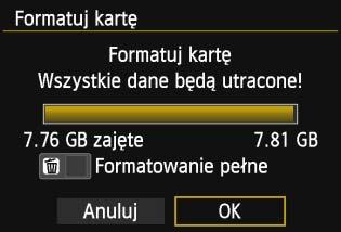 Zostaną usunięte nawet chronione obrazy, dlatego też należy upewnić się, że na karcie nie ma żadnych danych, które chcemy zachować.