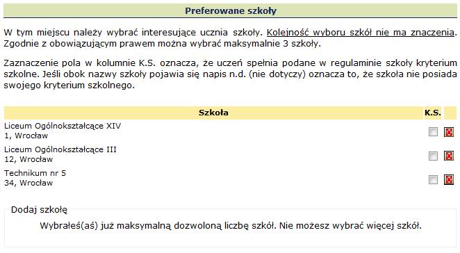 Dane osobowe Rysunek 56. Wprowadzanie informacji o preferowanych szkołach.