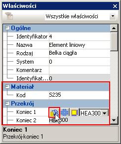 3. Wybierz niższy słup i w oknie właściwości wybierz materiał S235.