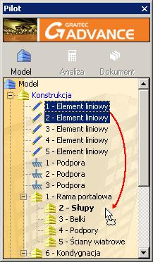 5. W pilocie, wybierz dwa słupy ramy portalowej i przeciągnij je do podsystemu Słupy w systemie Rama portalowa.