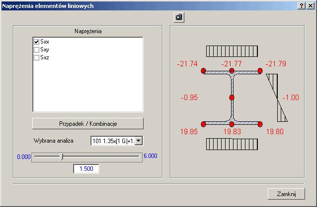 Wykresy naprężeń Analiza rozkładu naprężeń dla wybranego przekroju może zostać wywołana za pomocą polecenia naprężenia w przekroju. Otrzymany wykres naprężeń.