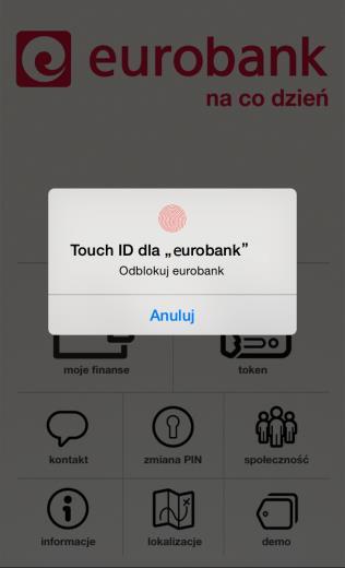 Jeżeli w aplikacji włączyłeś logowanie za pomocą odcisku palca, po wybraniu opcji moje finanse pojawi się komunikat proszący o przyłożenie palca to czytnika linii papilarnych.