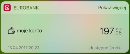 W przypadku urządzeń systemem Windows Phone widget (aktywny kafelek) prezentuje kwotę dostępnych środków w PLN oraz kwoty 3 ostatnich operacji na rachunku.